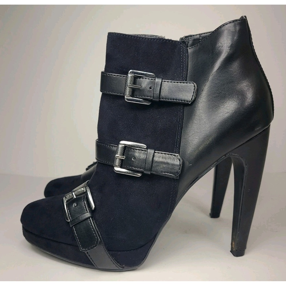 Sam & Libby Size 7 Black Ankle Boots Platform Heels Buckle Strap Stiletto Zip